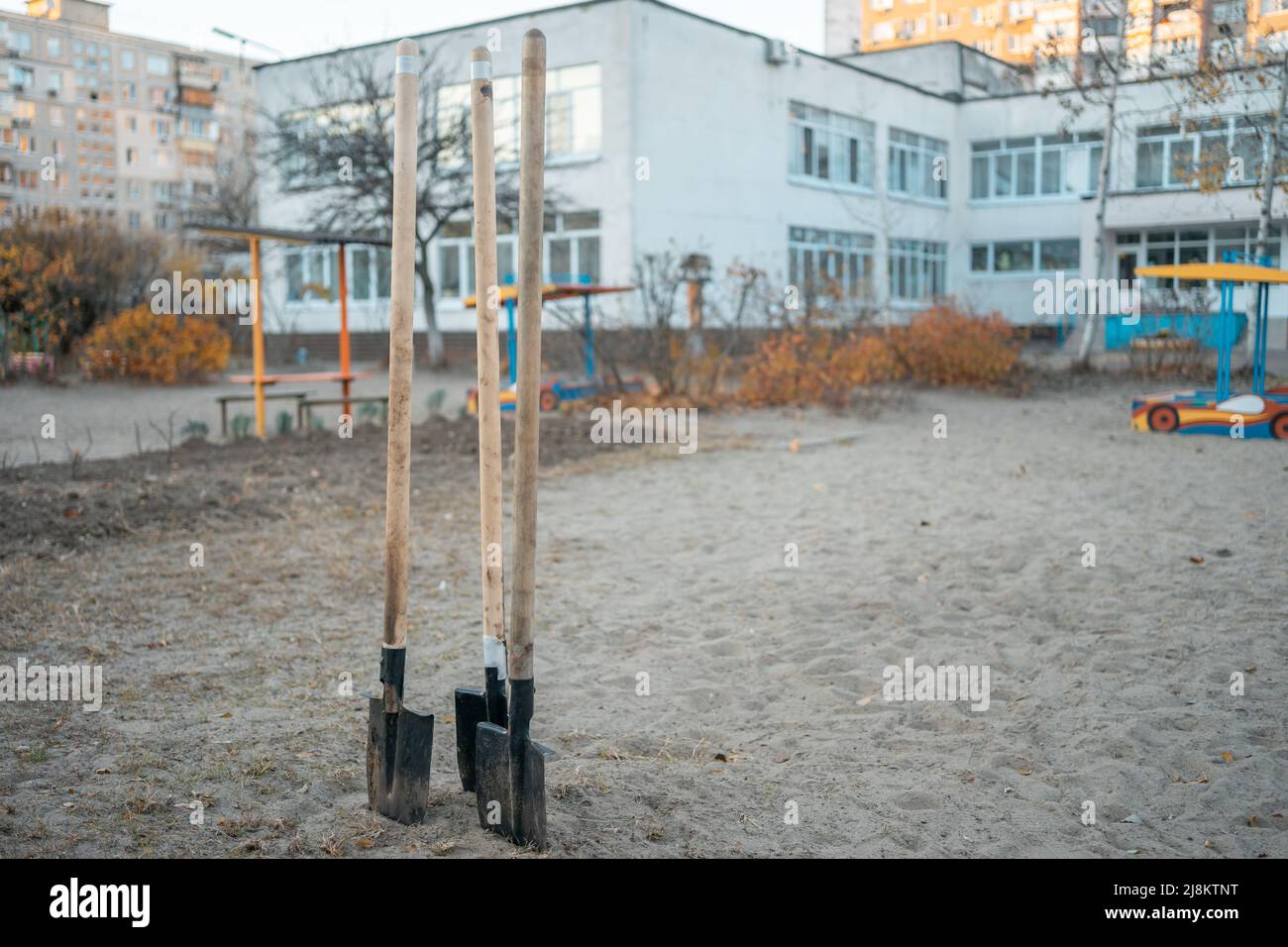 garden shovels in ground for planting young tree in playground outdoor Stock Photo