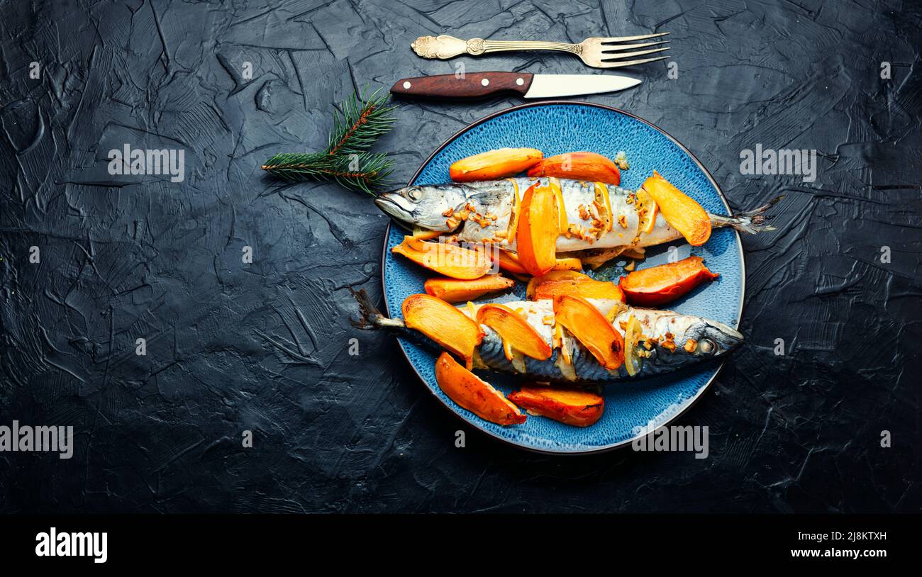 Delicious mackerel fish baked with persimmon and lemon. Space for text