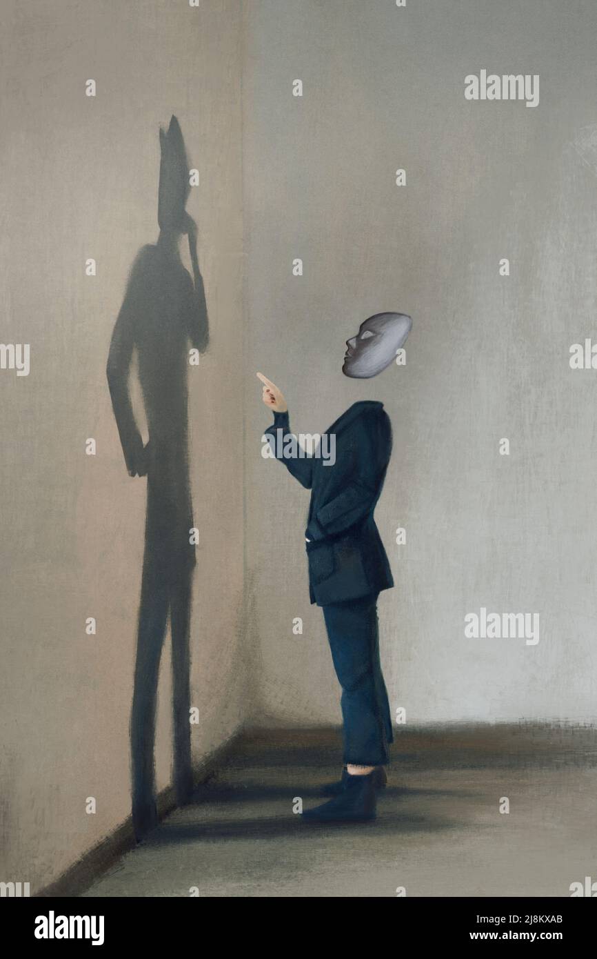 person with mask speaks with his shadow, concept of multiple identities Stock Photo