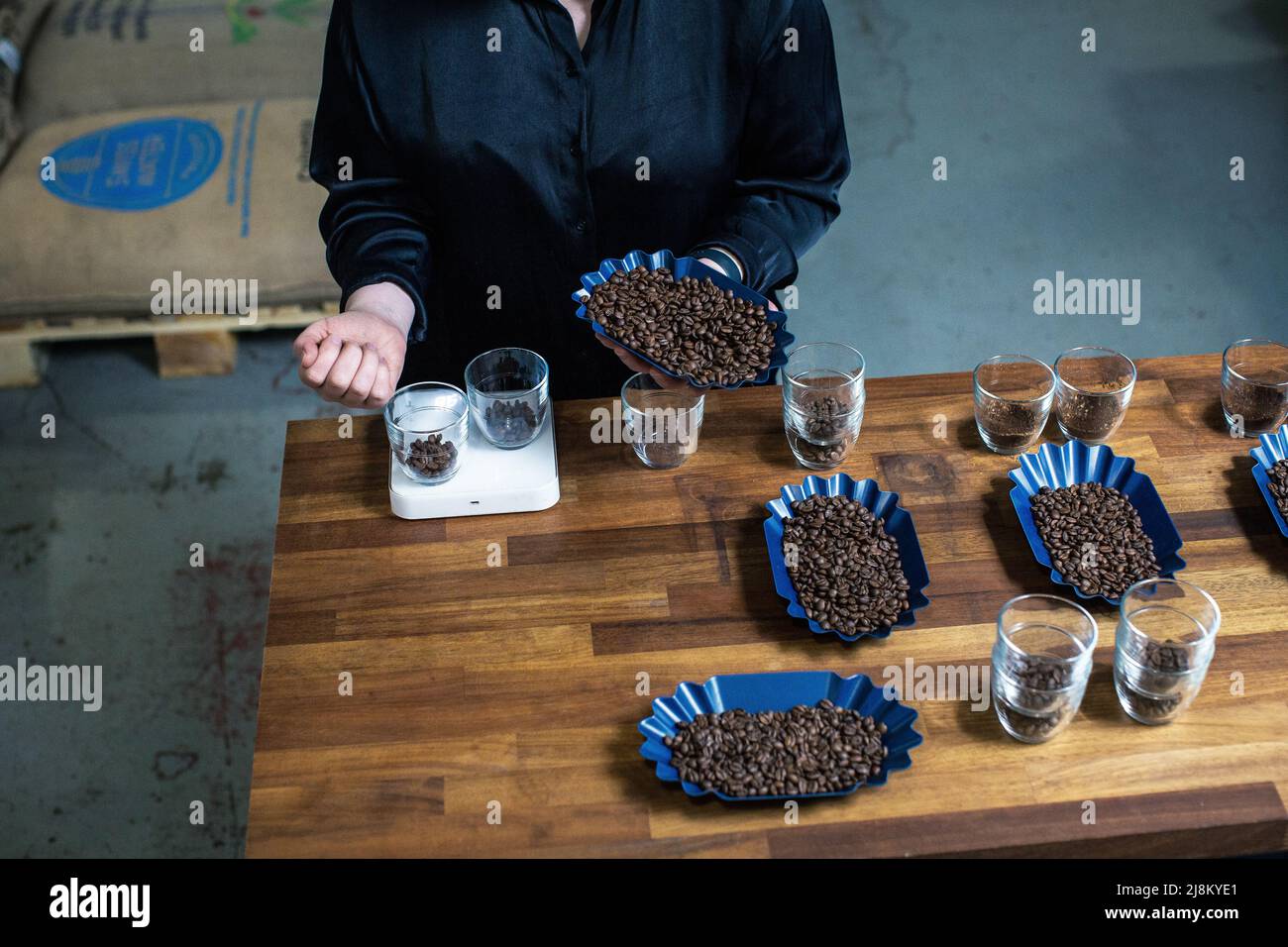 Before coffee tasting Barista pour coffee beans in glass on scale. Stock Photo