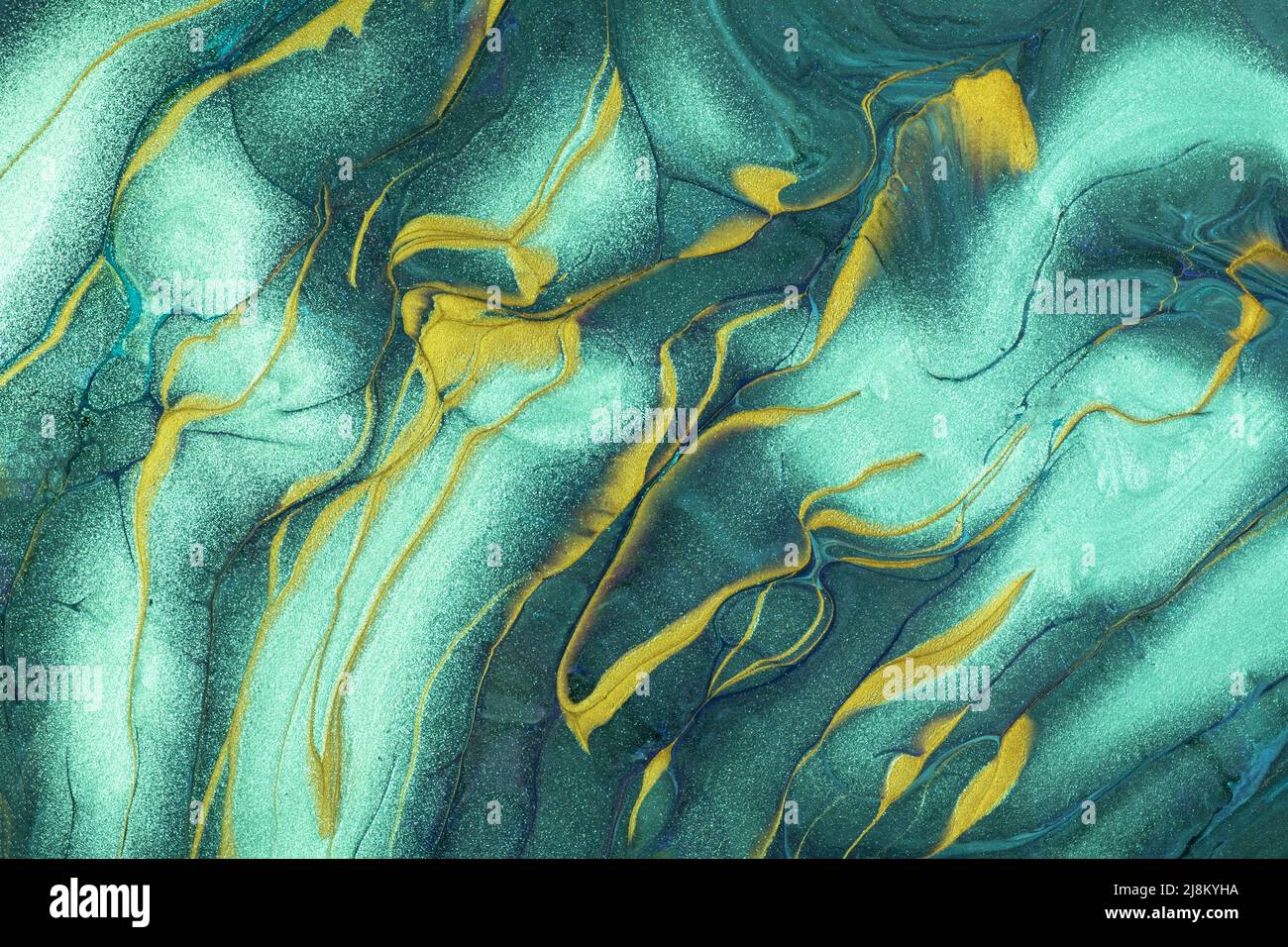 Abstract fluid art background light blue and golden colors. Liquid