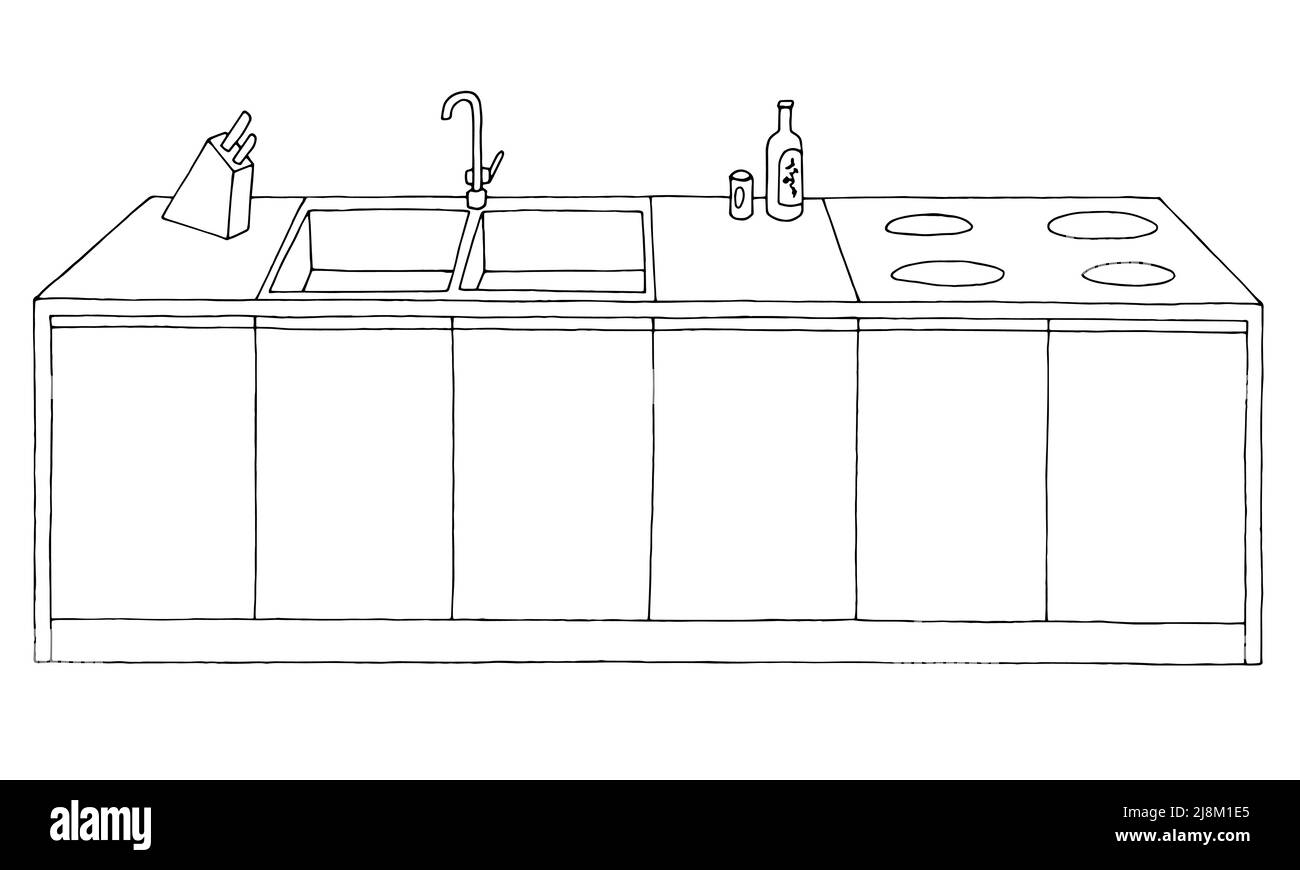 Kitchen island graphic black white home interior sketch isolated