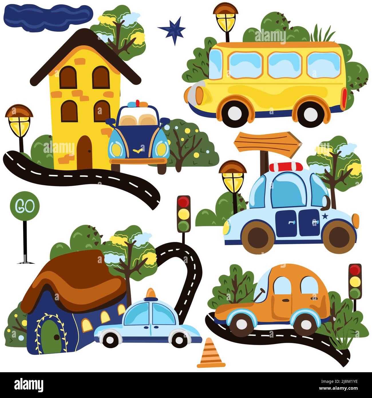 City compositions, collection of different types of road transport, bus ...