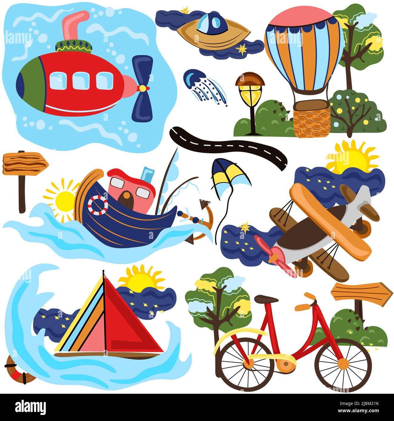 Cute compositions, collection of different types of transport, boat on the water, bicycle, spaceship, submarine, hot ballon, air transport and other. Vector illustration. Stock Vector