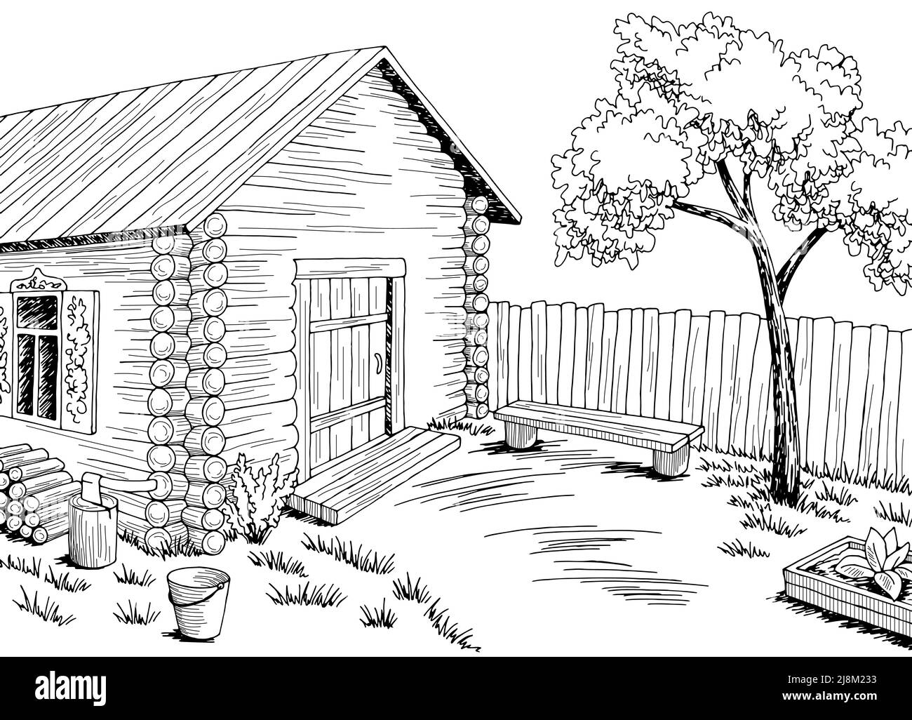 Village yard graphic black white rural landscape sketch illustration vector Stock Vector