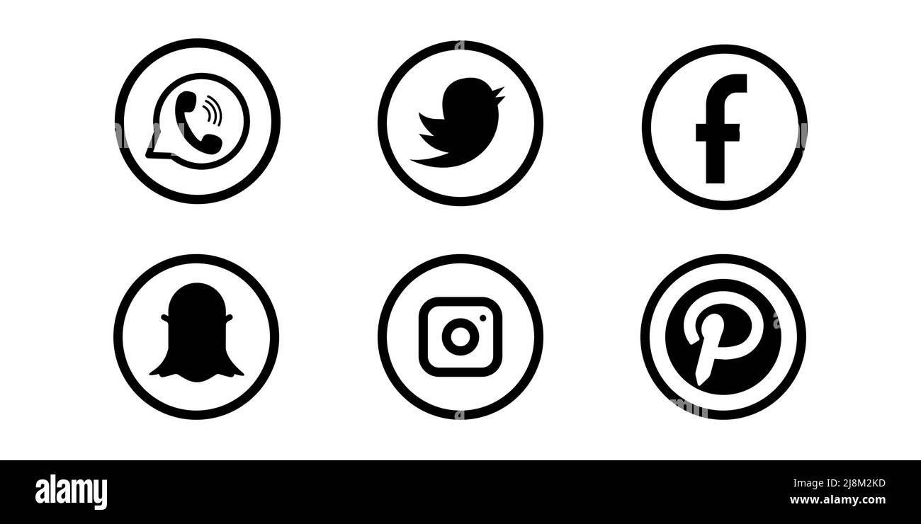 Collection of popular social media logo WhatsApp, Twitter, Facebook, Snapchat, Instagram Pinterest icons Stock Vector