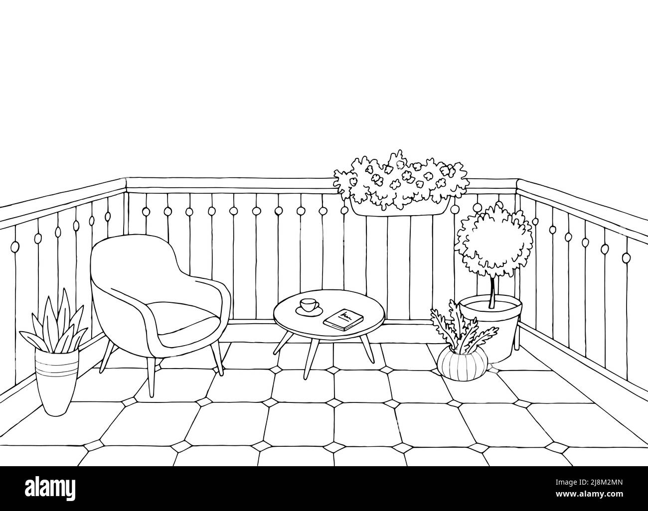 Balcony interior graphic black white sketch illustration vector Stock Vector