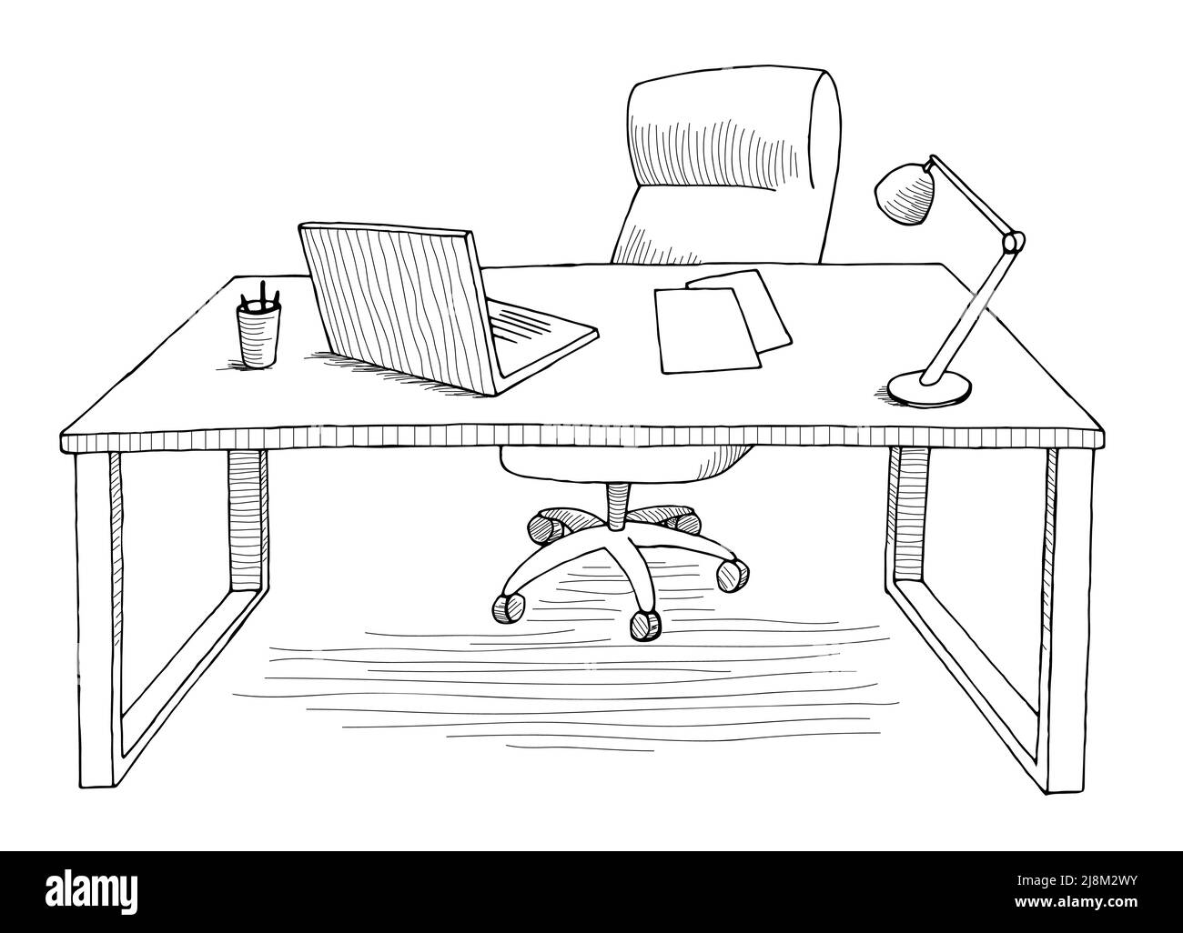 Office table graphic black white interior sketch isolated illustration vector Stock Vector