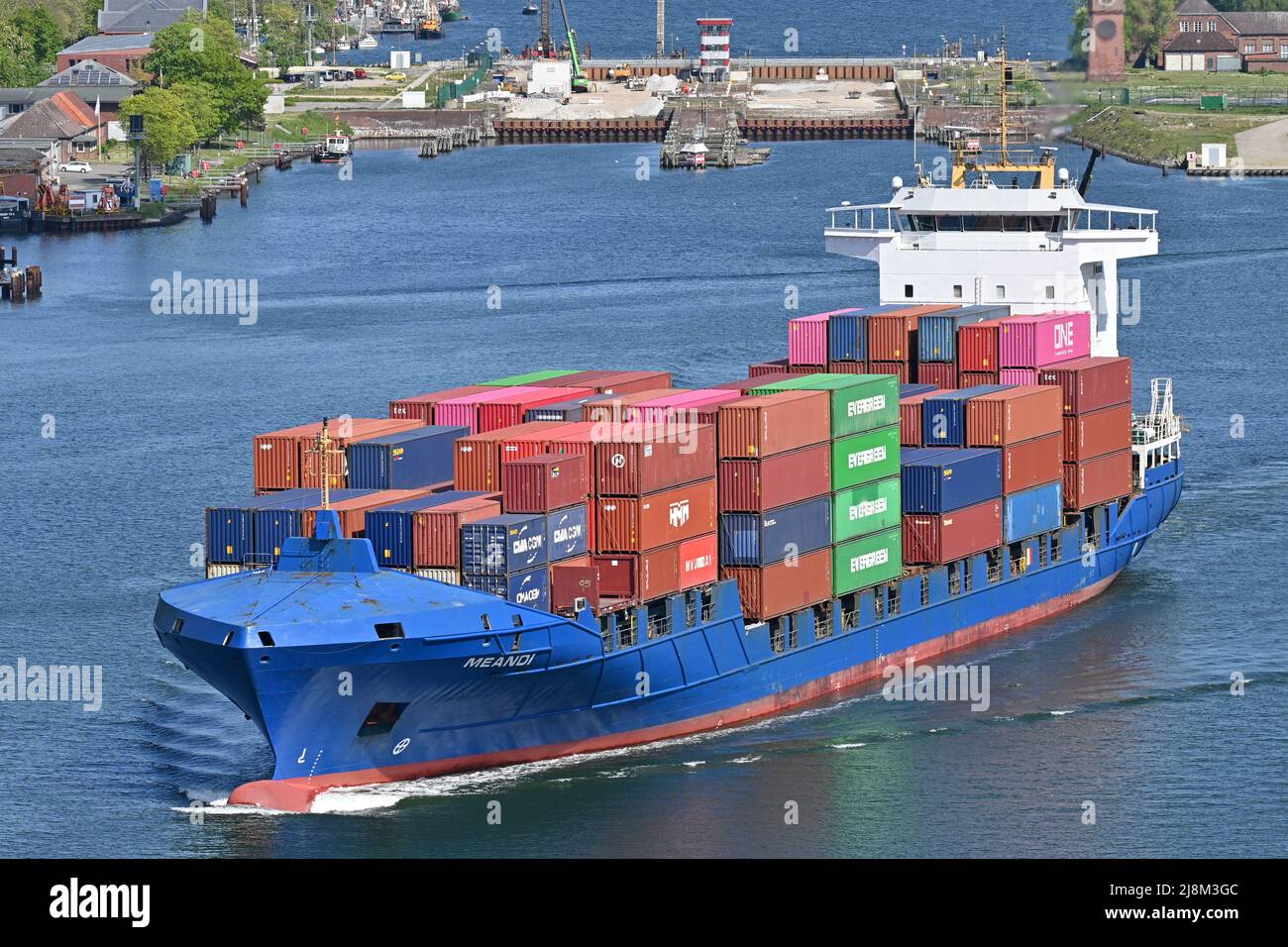 Containership MEANDI passing the Kiel Canal Stock Photo