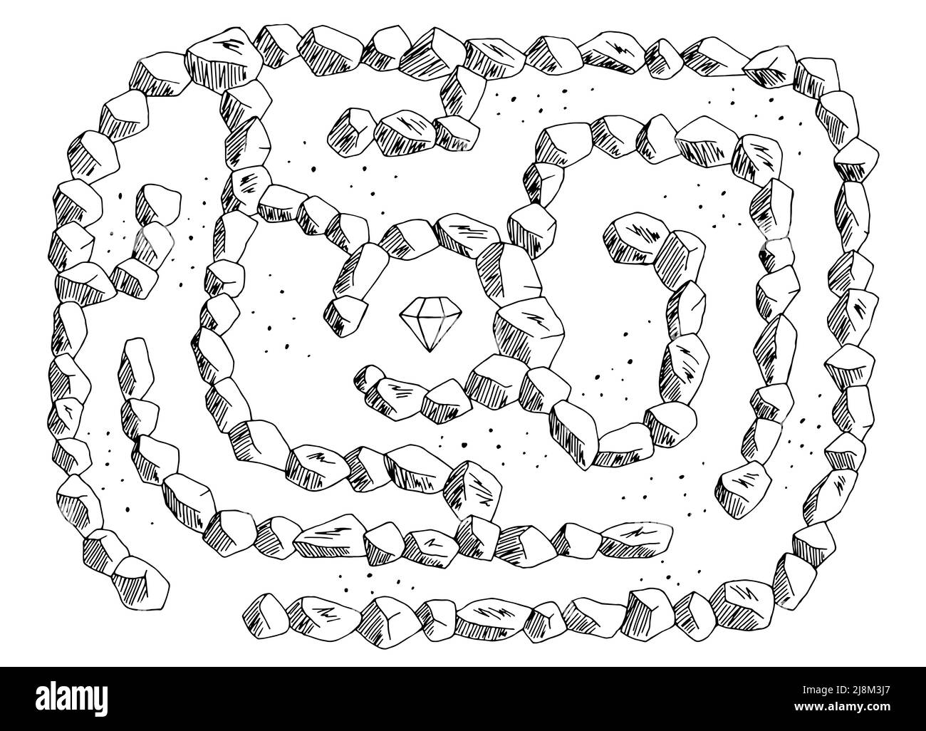 Stone maze graphic black white sketch top aerial view illustration vector Stock Vector