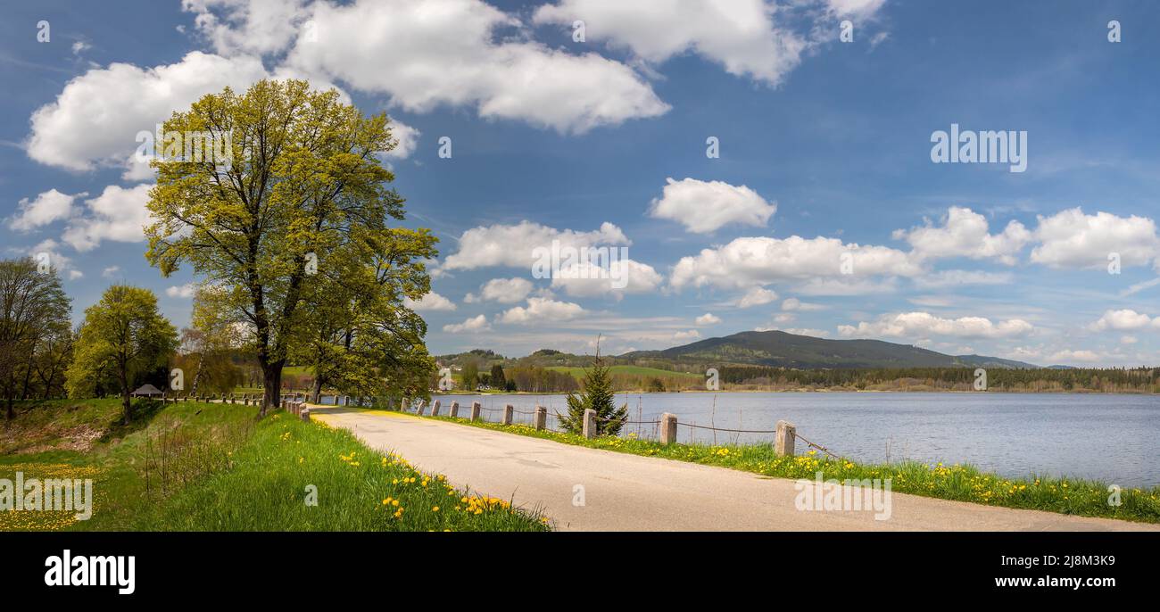 Olsina pond in Sumava, Czech republic - countryside landscape with road on the pond embankment Stock Photo