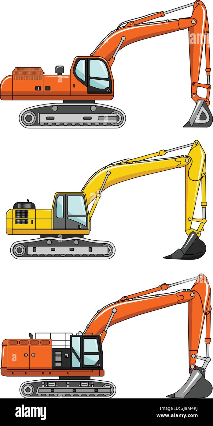 Detailed illustration of excavators, heavy equipment and machinery