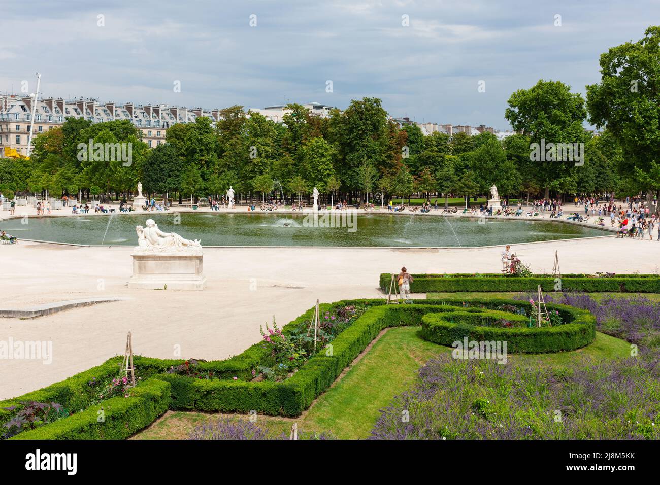 Paris, France - July 21, 2010 : Jardin des Tuileries with Bassin Octagon. Tuileries Garden  with an eight sided pond. Stock Photo