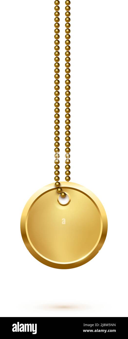 Empty round golden military or dogs badge hanging on steel chain. Vector army object isolated on white background. Pendant with blank space for identi Stock Vector