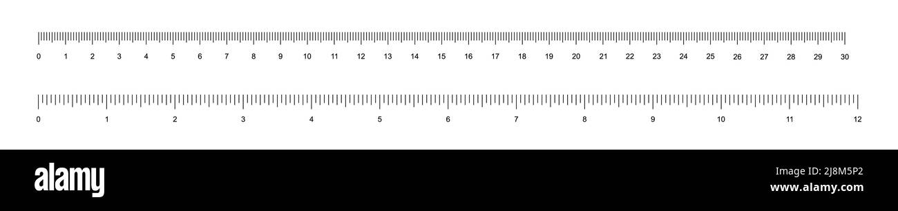 Ruler tape set with vertical black line divisions and numbers to measure length vector illustration. Simple school tool 12 inches and 30 centimeters l Stock Vector
