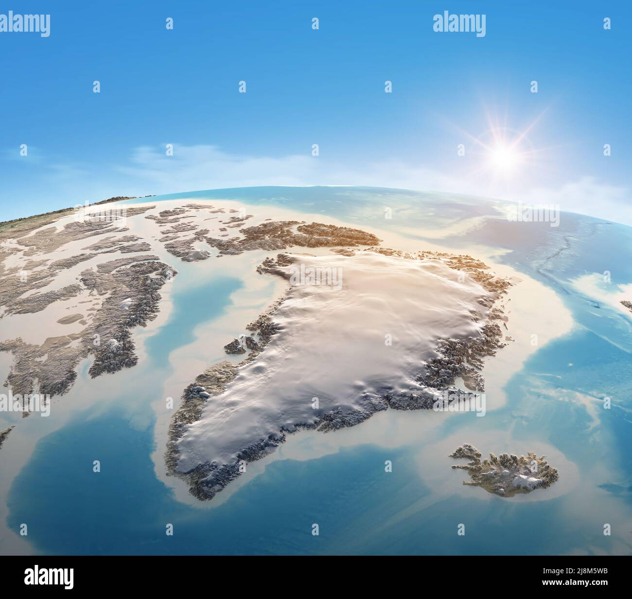 Physical map of Planet Earth, focused on Greenland. Satellite view of North Pole and Arctic Ocean. Elements furnished by NASA Stock Photo