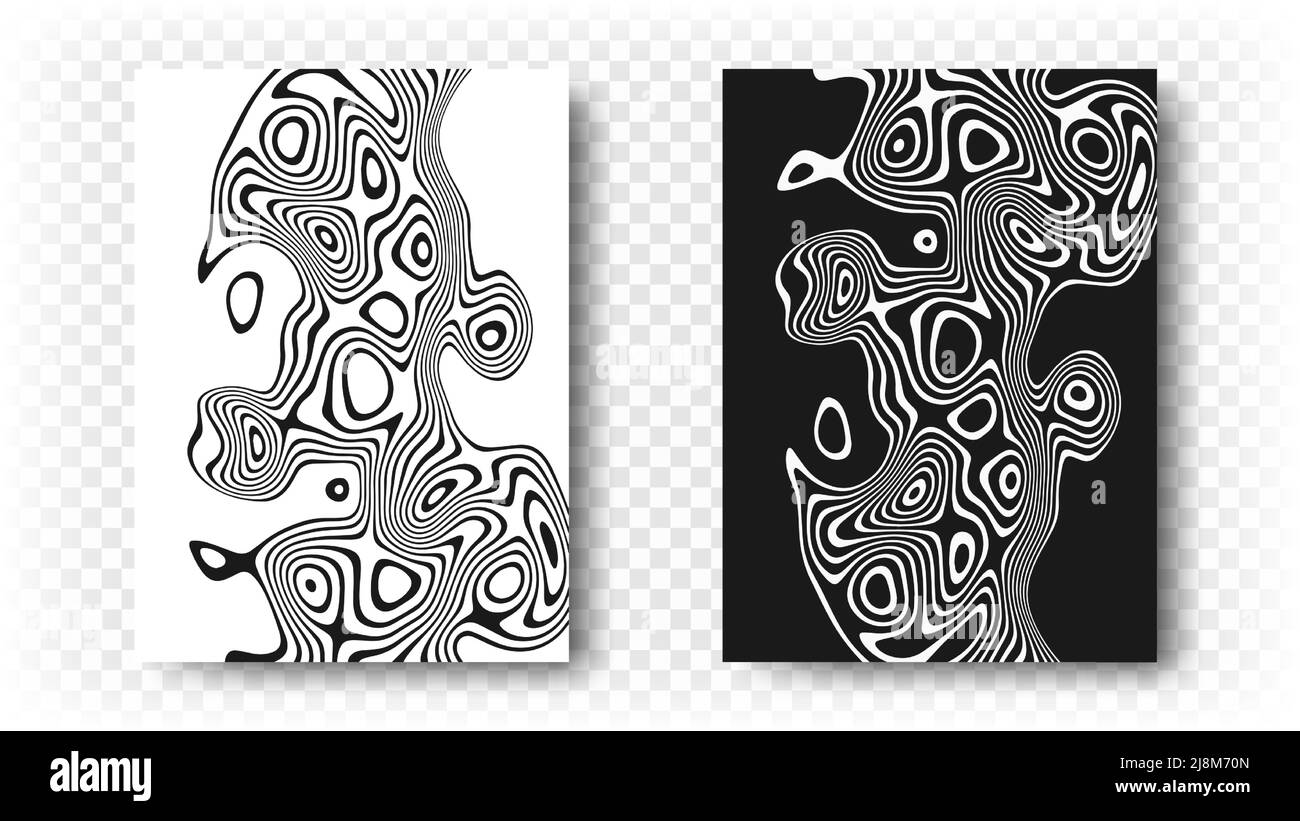 Poster covers with waves and vibrations of optical illusions. Curved black and white backgrounds. Abstract curved lines, abstract pattern. Geometric Stock Vector