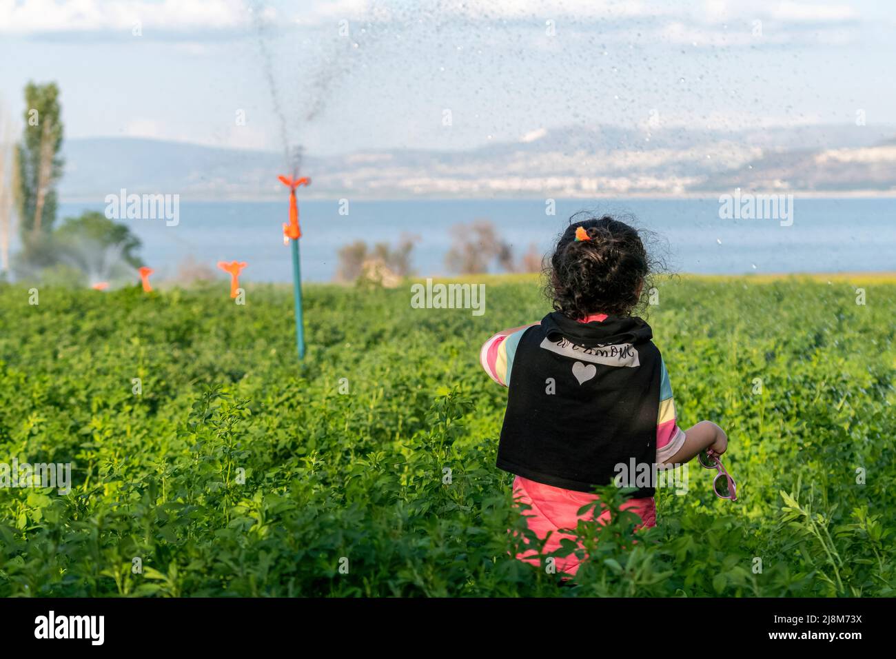 Closeup shot of girl in black vest in clover field with selective focus. Stock Photo