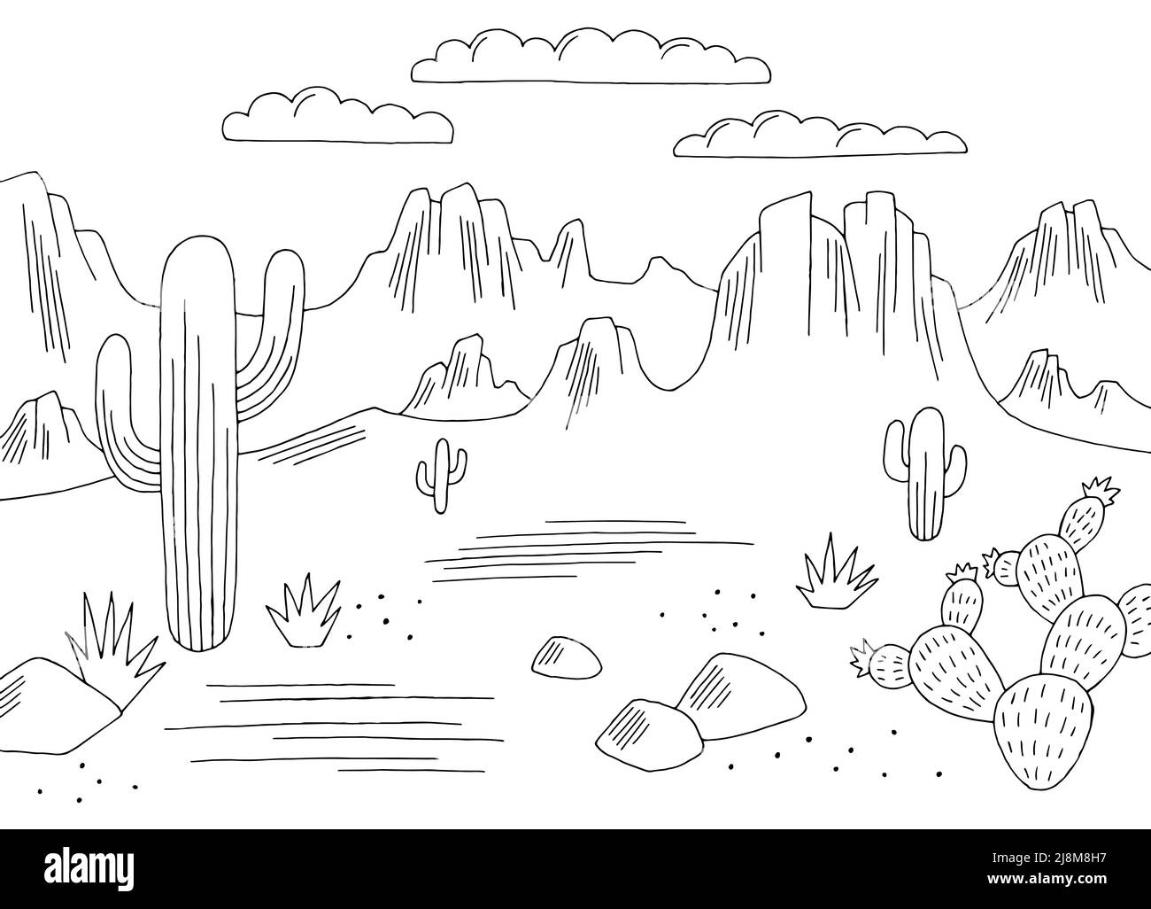 Prairie simplicity graphic black white desert landscape sketch illustration vector Stock Vector