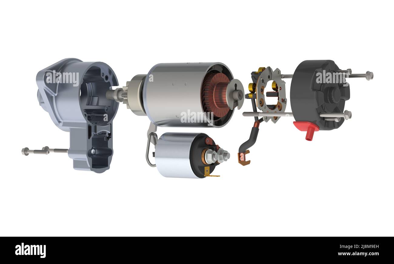 Car starter exploded view components, 3D rendering isolated on white