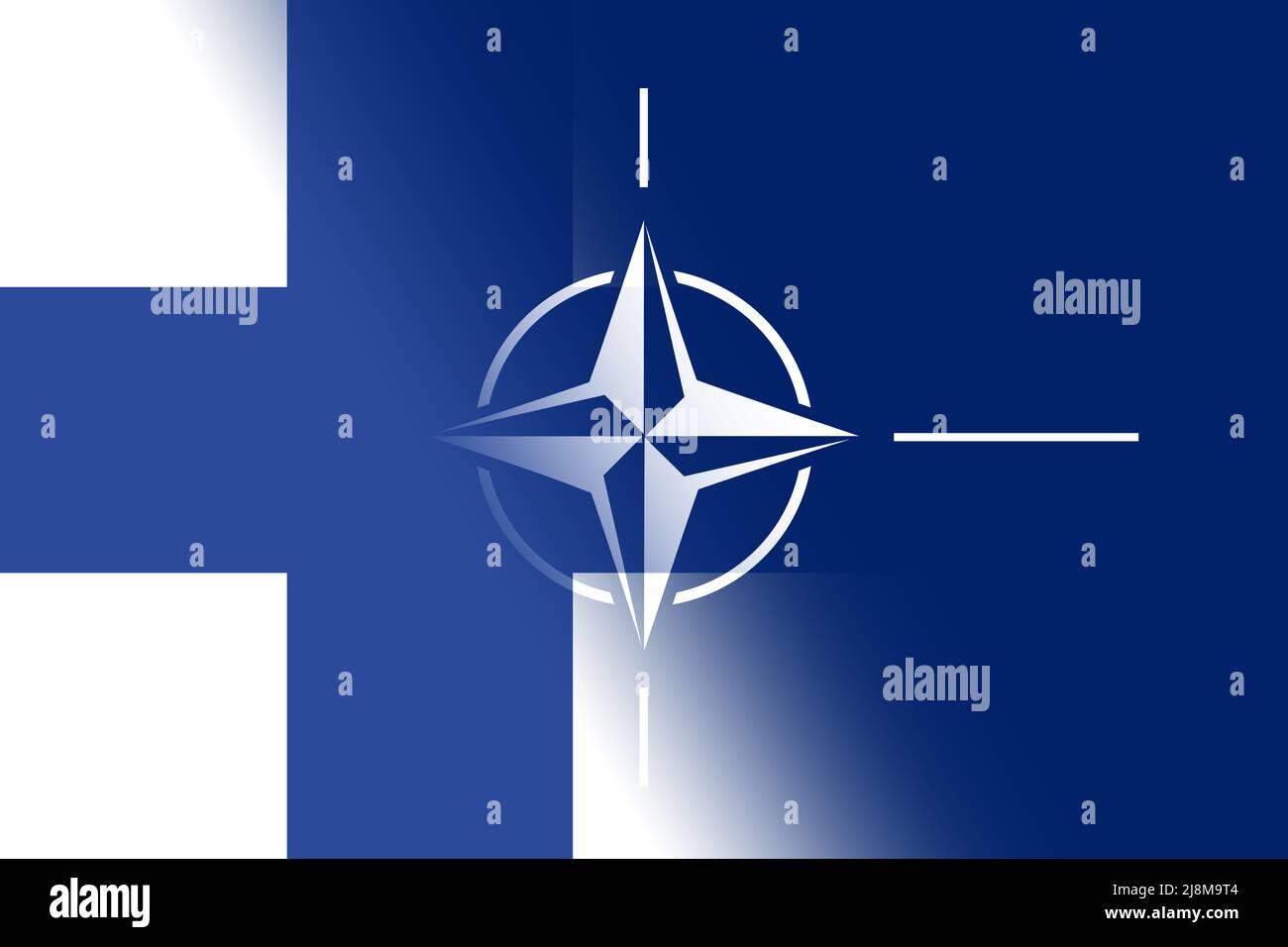 NATO-OTAN. Finland. NATO flag. Finland flag. Flag with the NATO logo. Concept of annexation of Finland with NATO-OTAN. Foreground. Horizontal layout. Stock Photo