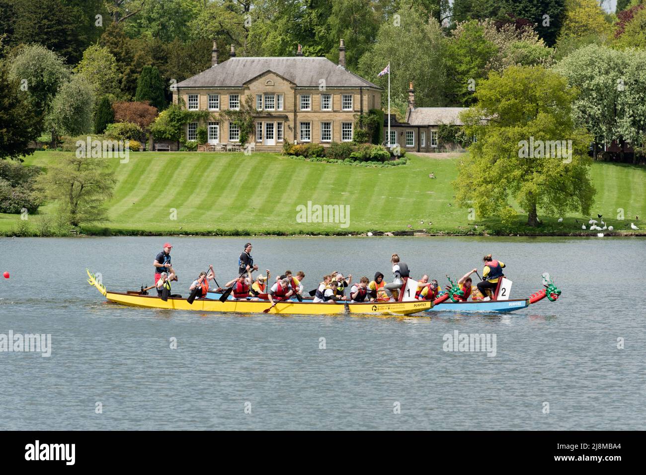 Charity Dragon Boat race competition, Coniston Hall Estate, Skipton, May 2022 Stock Photo