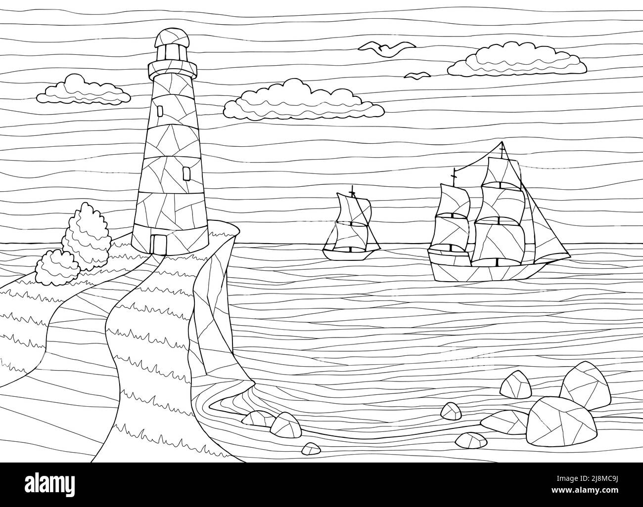 Lighthouse coloring sea coast graphic black white landscape sketch illustration vector Stock Vector