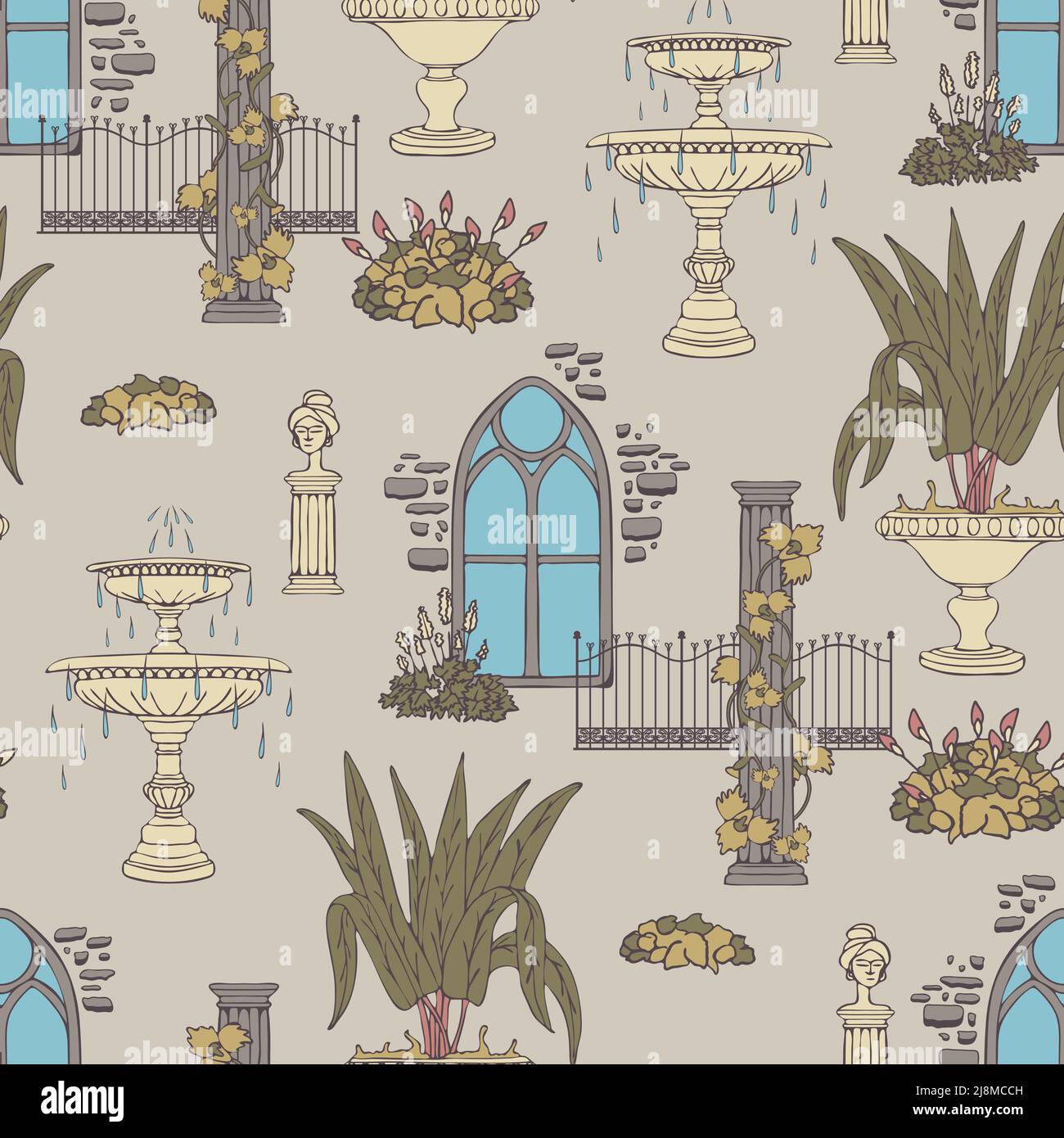 Seamless vector pattern with Victorian style garden on beige background. Vintage greenhouse wallpaper design. Decorative urban fashion textile. Stock Vector