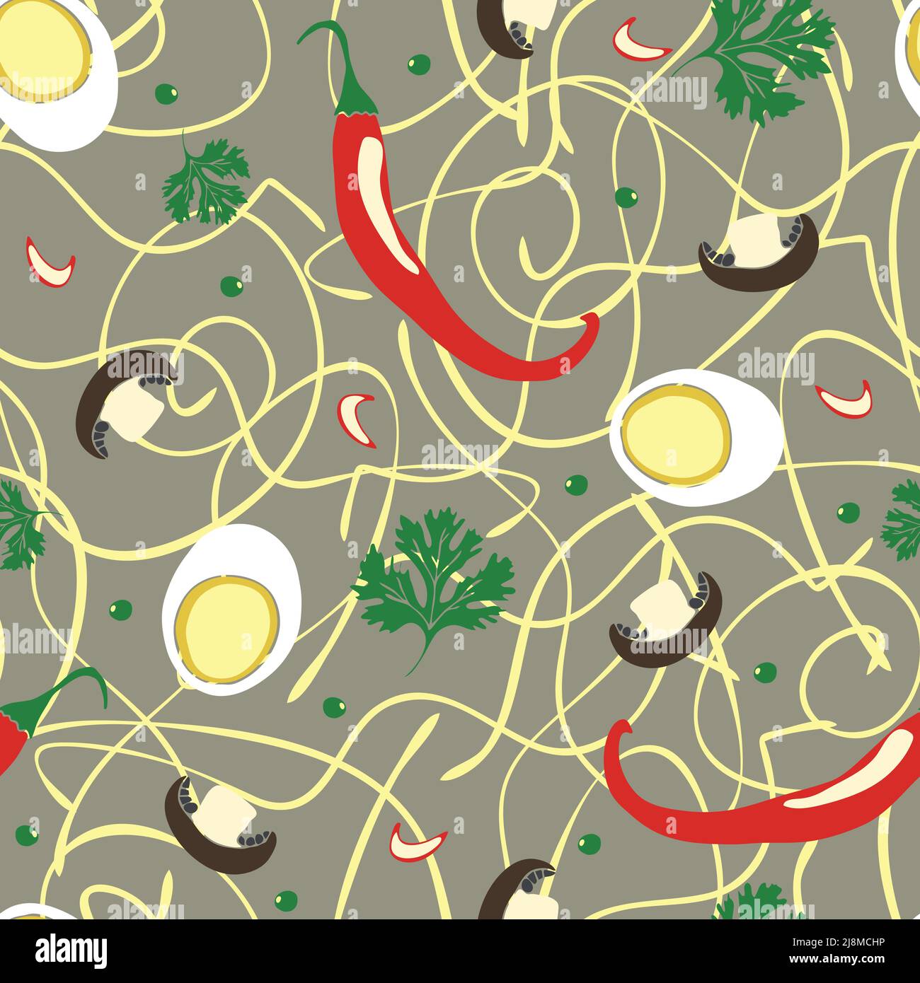 Seamless vector pattern noodle soup on grey background. Tasty food wallpaper design with mushrooms and hot chillies. Stock Vector