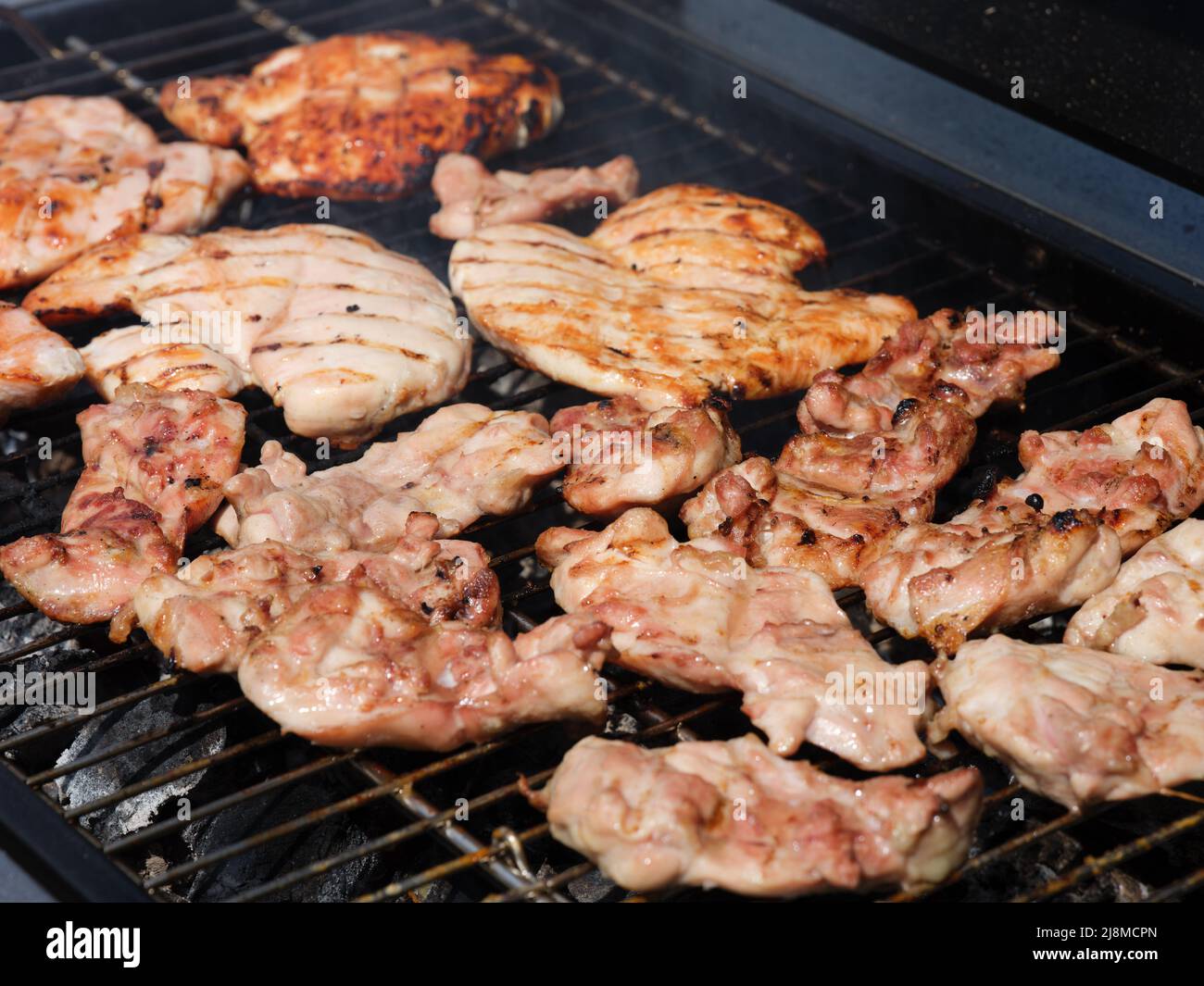 Organic pork meat and chicken meat cooking on a bbq grill. Close up