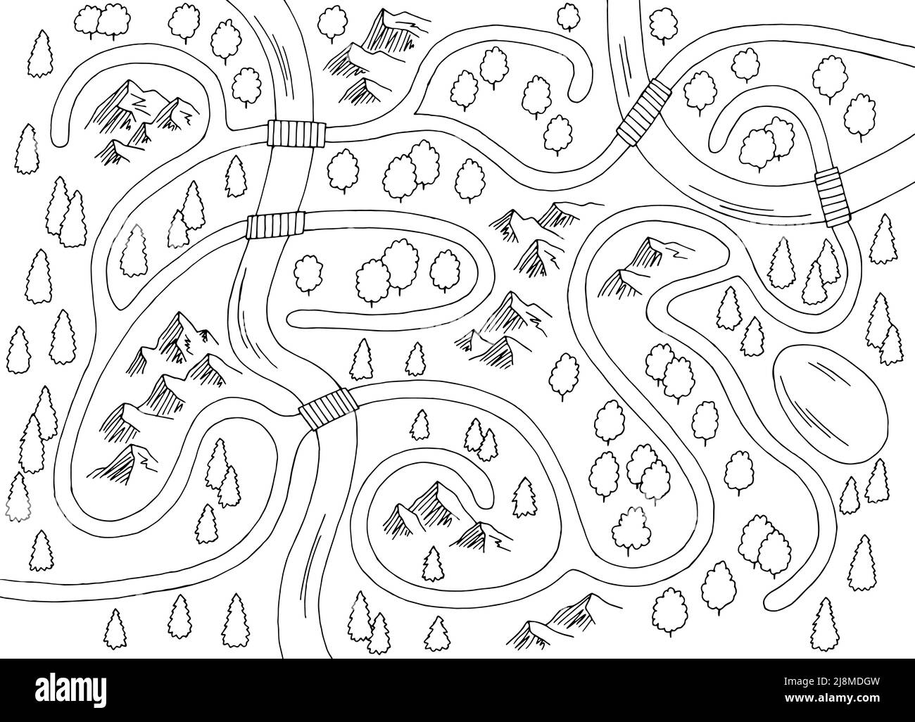 Map maze graphic black white sketch top aerial view illustration vector Stock Vector