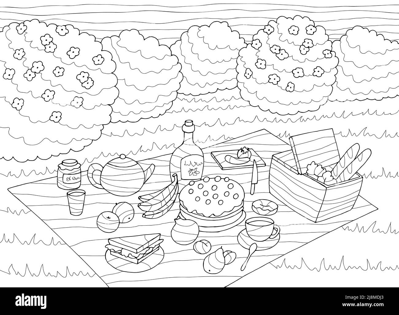 Picnic coloring graphic black white sketch illustration vector Stock Vector