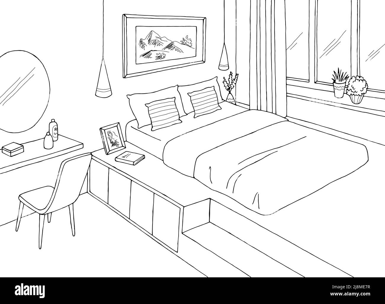 Bedroom graphic black white home interior sketch illustration vector Stock Vector