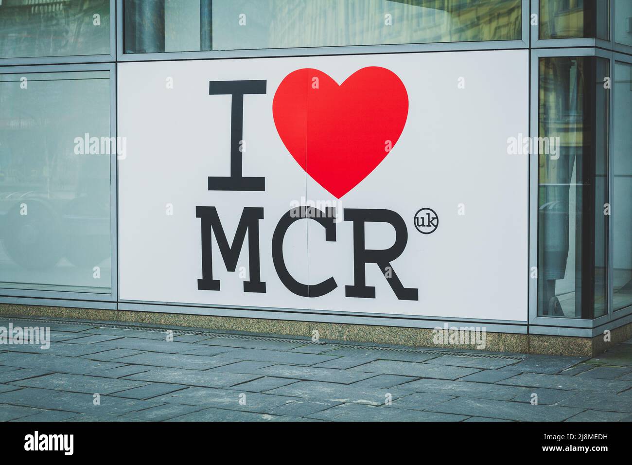 I love Manchester Sign with a a big red heart on glass windows Stock Photo