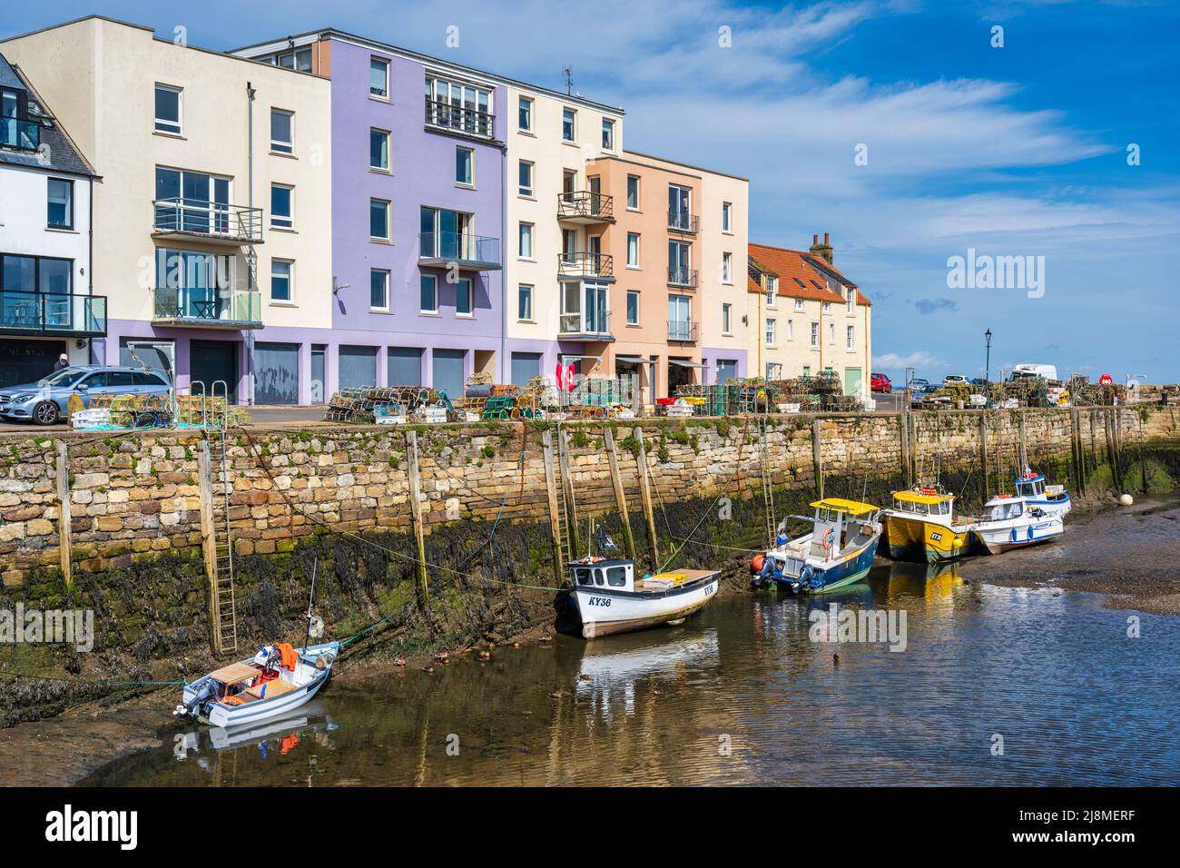Colourful modern apartments on Shorehead at St Andrews harbour in the