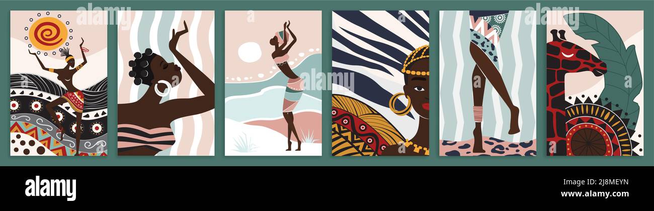 Ethnic dances of African woman among traditional and animal patterns set vector illustration. Abstract silhouettes, native ornament and tribal culture elements in wall art decor, social media stories Stock Vector