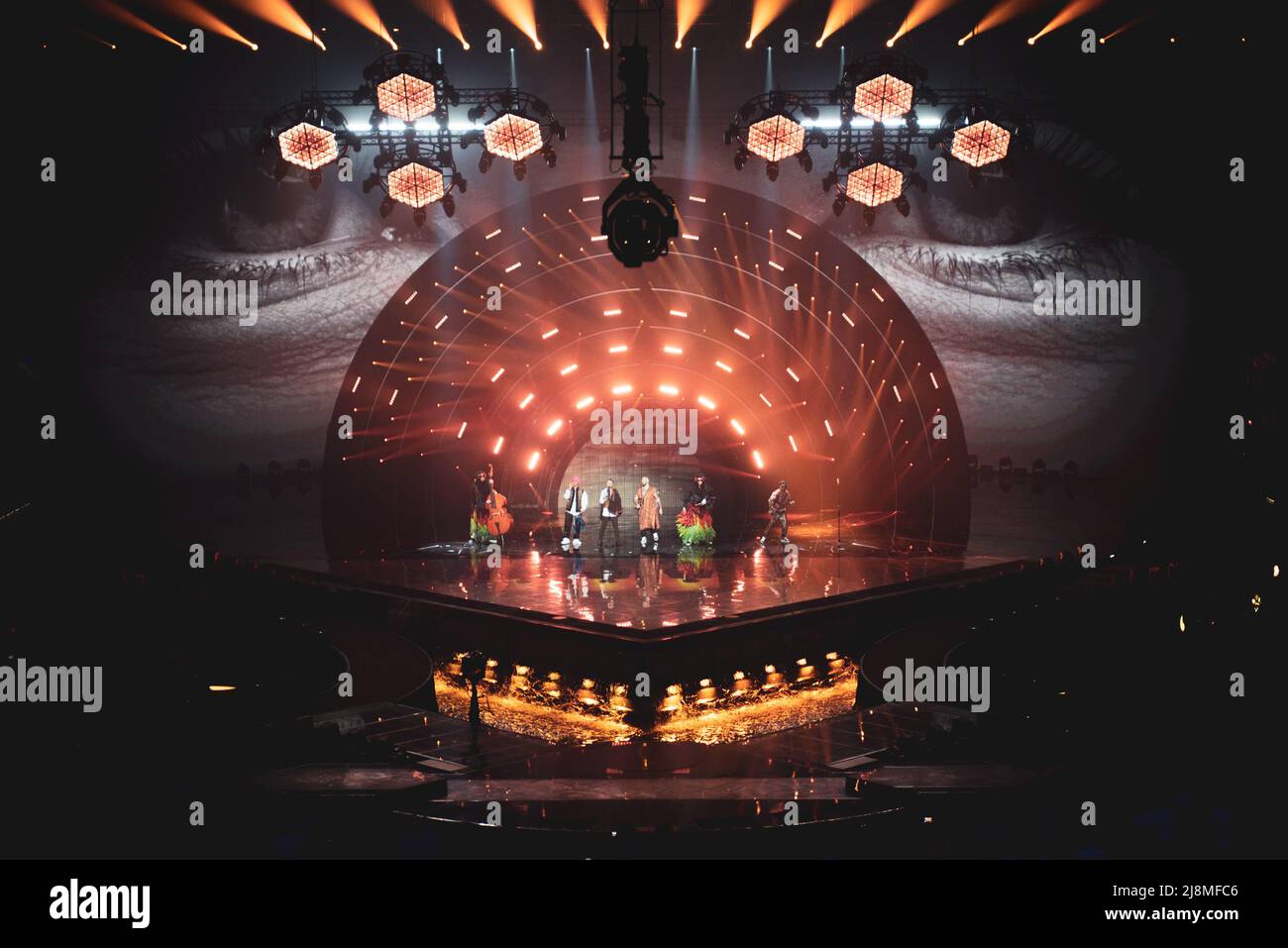 TORINO, PALA OLIMPICO, MAY 10th/12th/14th 2022: Kalush Orchestra, winners of the 2022 edition, representing Ukraine, performing live on stage for the 66th edition of the Eurovision Song Contest. Stock Photo