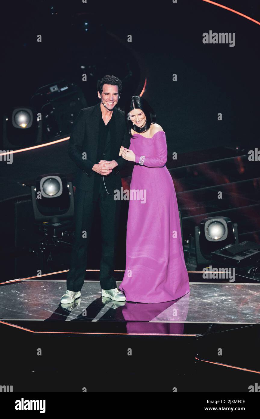 TORINO, PALA OLIMPICO, MAY 10th/12th/14th 2022: Laura Pausini (R) and Mika (L) hosts and announcers for the 66th edition of the Eurovision Song Contest. Stock Photo