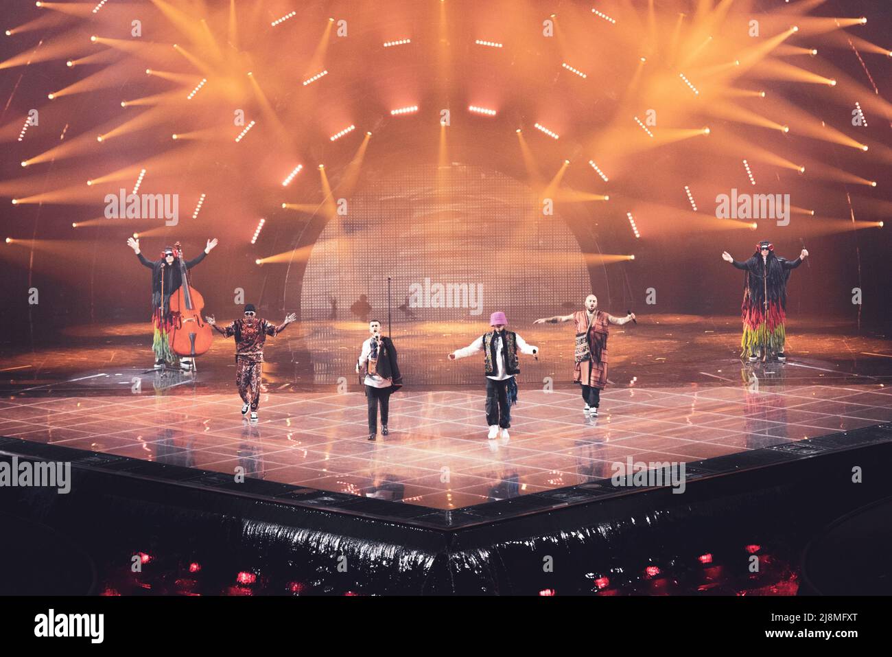 TORINO, PALA OLIMPICO, MAY 10th/12th/14th 2022: Kalush Orchestra, winners of the 2022 edition, representing Ukraine, performing live on stage for the 66th edition of the Eurovision Song Contest. Stock Photo
