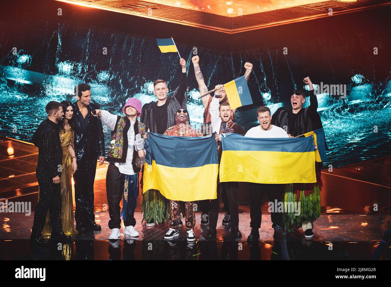TORINO, PALA OLIMPICO, MAY 10th/12th/14th 2022: Kalush Orchestra, winners of the 2022 edition representing Ukraine, celebrating live on stage for the 66th edition of the Eurovision Song Contest. Stock Photo