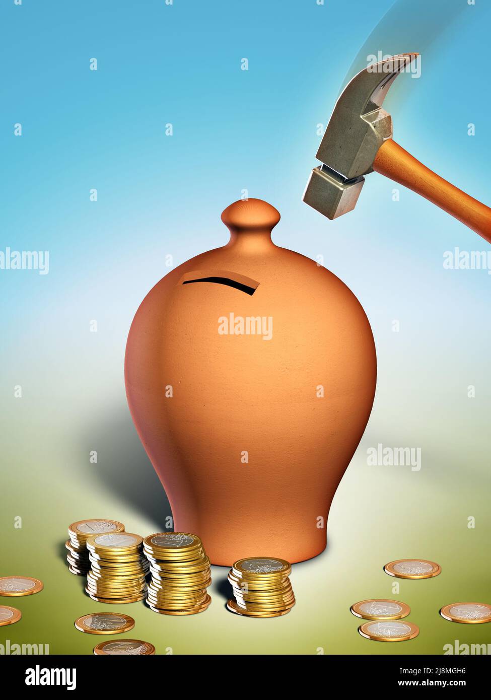 Hammer hitting a terracotta money box. Digital illustration, clipping path included. Stock Photo