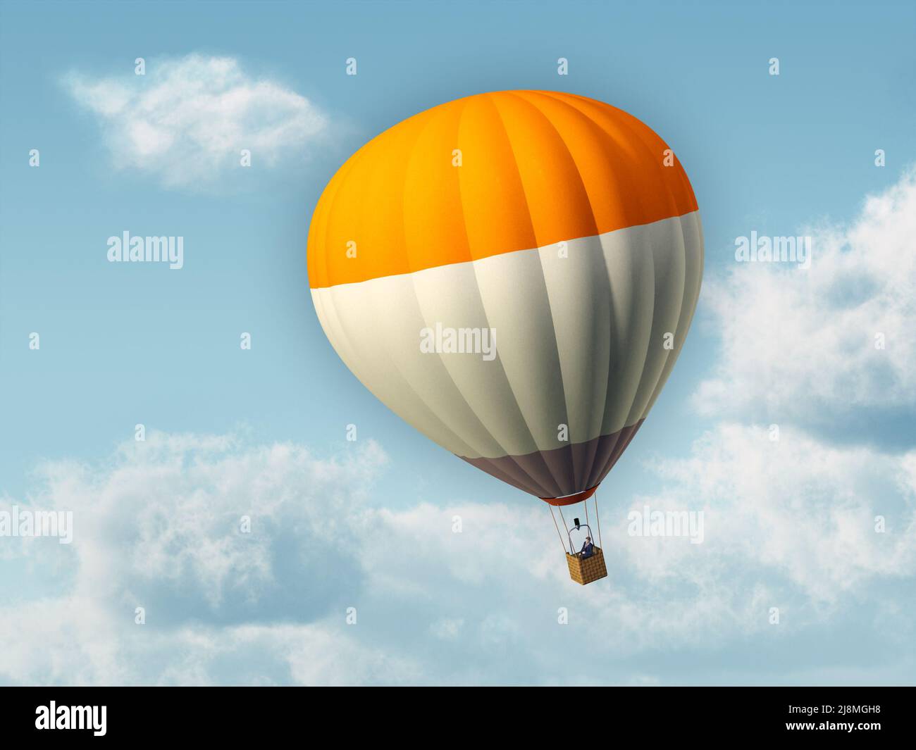 Businessman flying in an hot air baloon. Digital illustration. Stock Photo