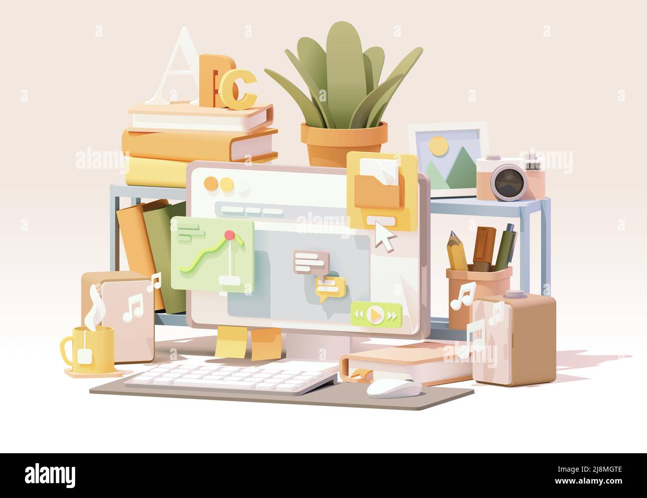 Vector abstract office workplace. Desktop PC, books and stationery on the shelf, applications on screen, cup of tea. Cozy home office illustration Stock Vector