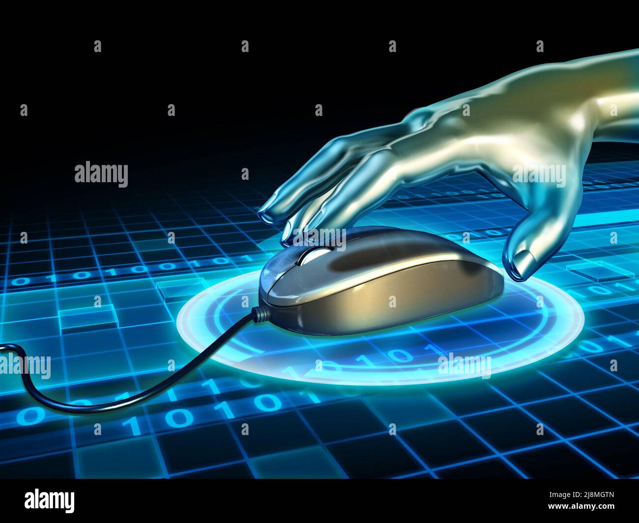 Android hand grabbing a mouse in cyberspace. Digital illustration. Stock Photo