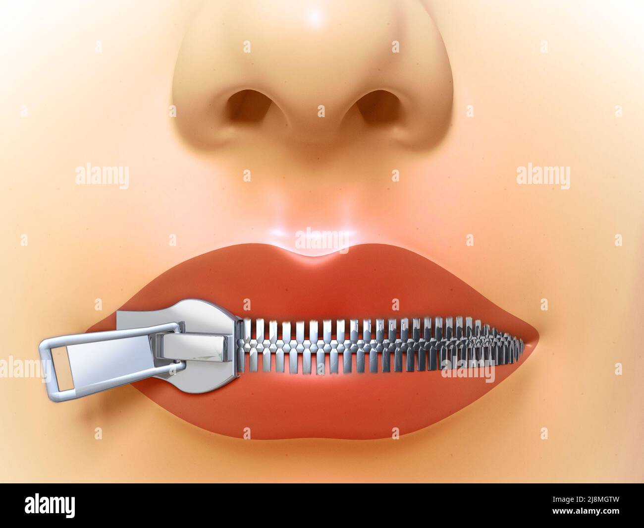 Female mouth closed by a metal zipper. Digital illustration. Stock Photo