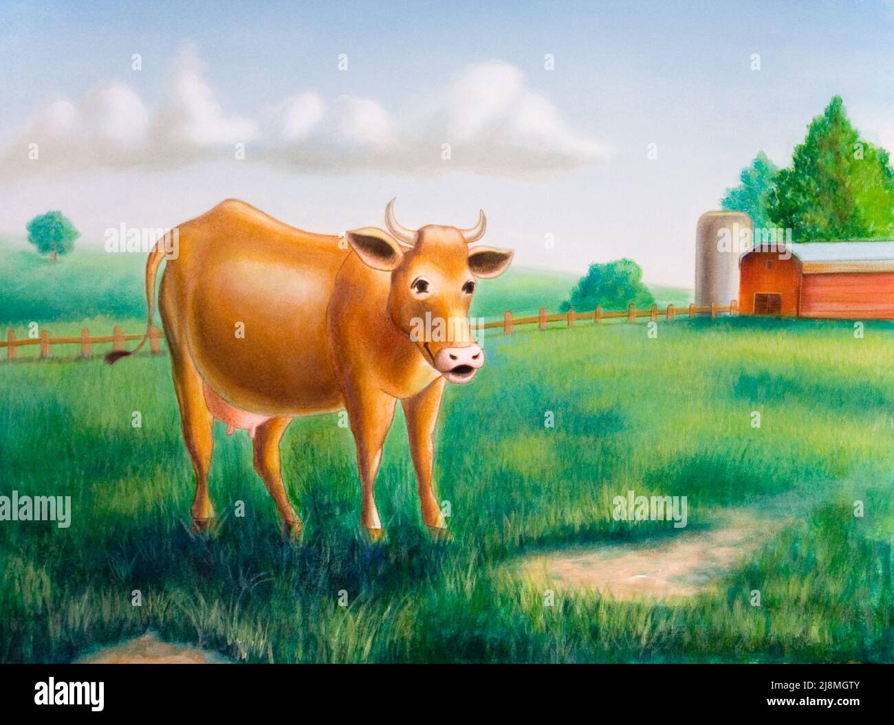 A cow in a sunny farm landscape. Hand painted illustration. Stock Photo