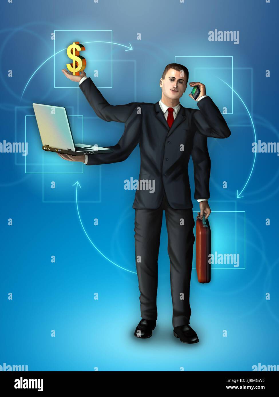 Businessman with multiple arms holding a briefcase, smartphone, notebook and dollar symbol. Digital illustration. Stock Photo