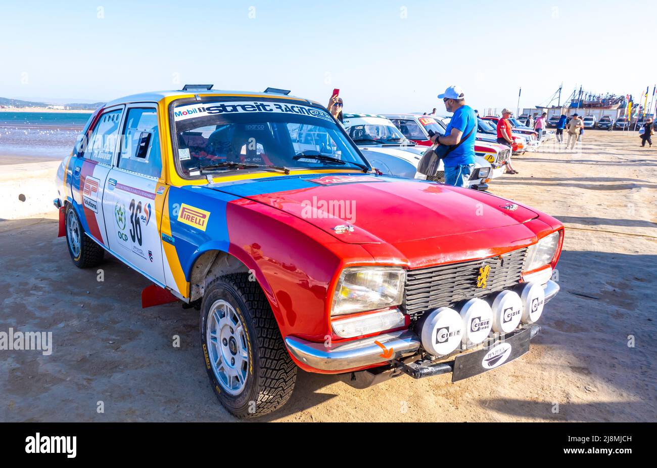 Peugeot Maroc Historic rally 2020 showcase event that took place May 16, 2022 in Essaouira, Morocco, North Africa Stock Photo