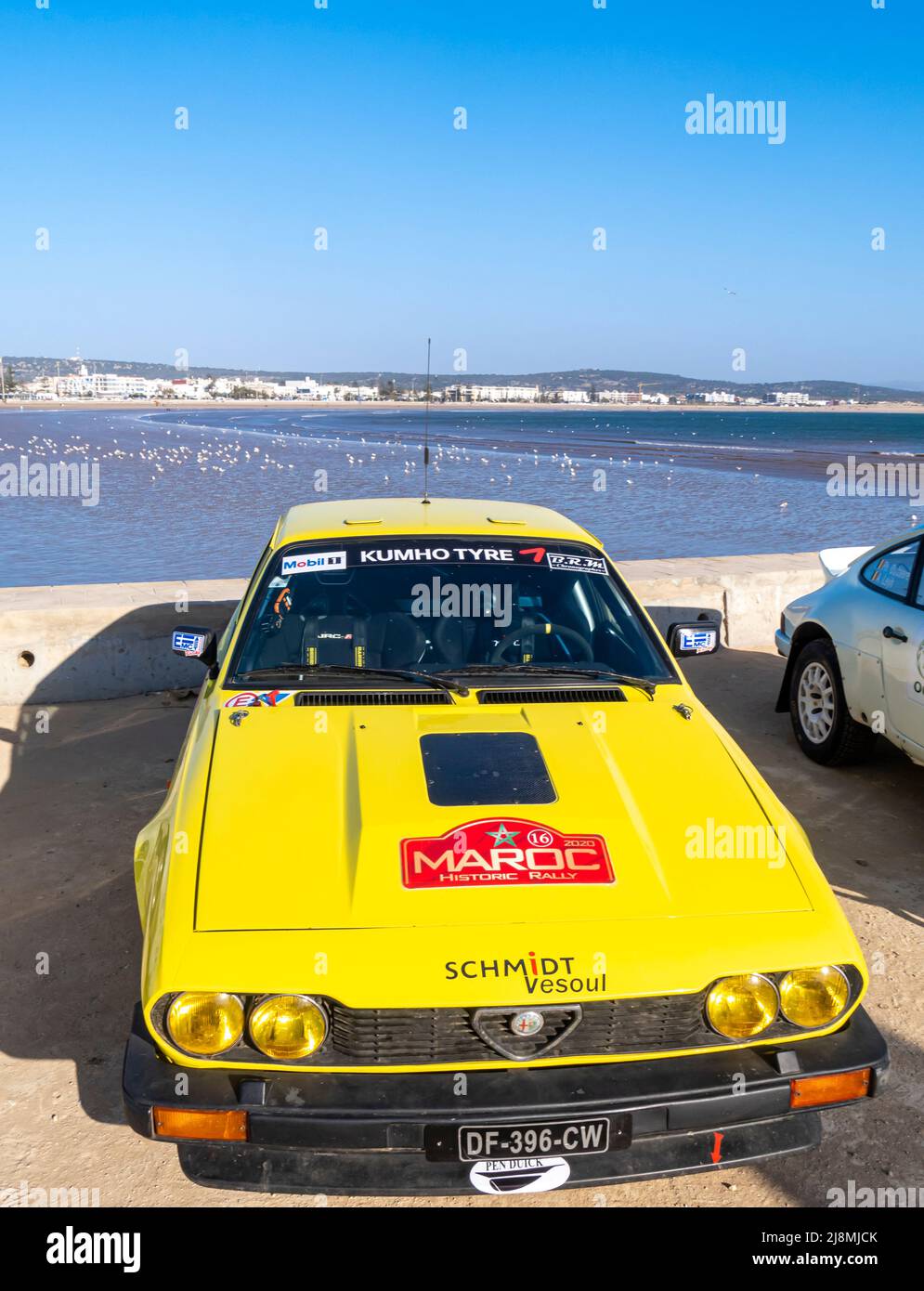 Yellow Alfa Romeo GTV6, or Alfetta GTV 6, at Maroc Historic rally 2020 showcase event that took place May 16, 2022 in Essaouira, Stock Photo