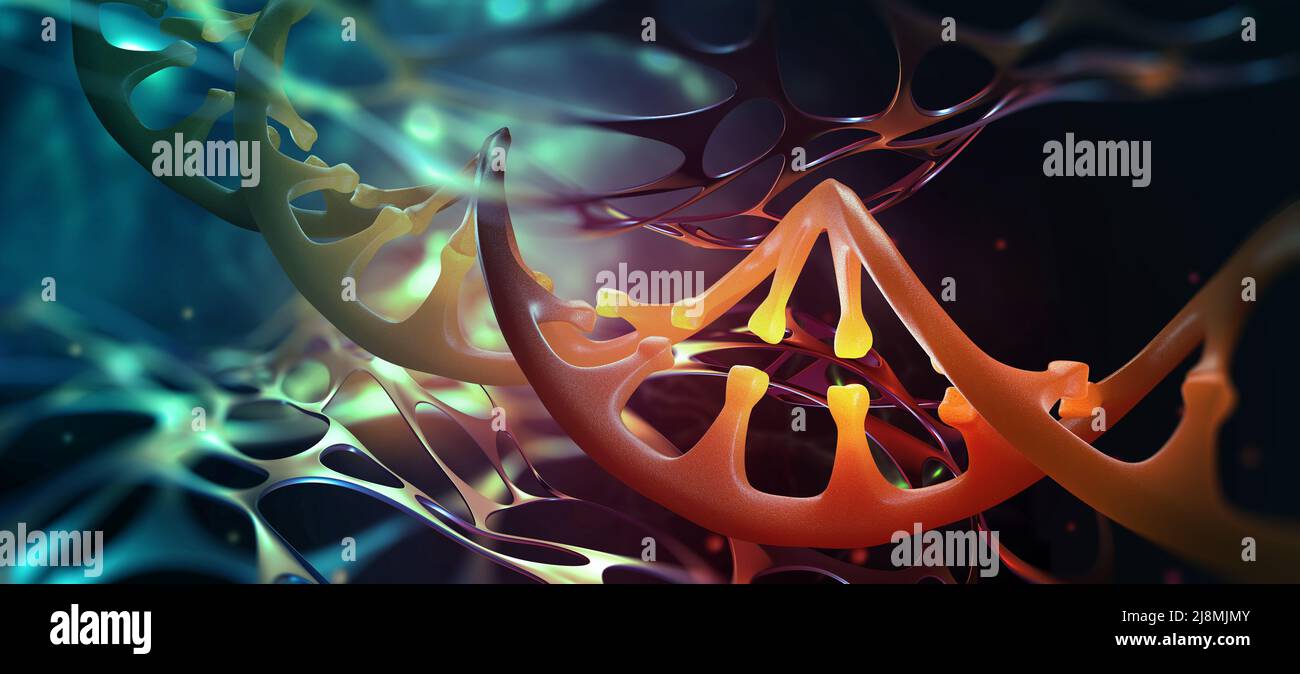 DNA helix. Scientific research. Genome decoding and medical innovation. 3d illustration of a DNA molecule under a microscope Stock Photo